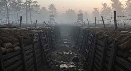 World War One Trenches: Foggy Battlefield Scene with Barbed Wire and Watchtowers