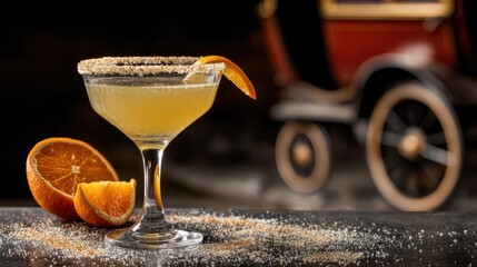 Sidecar with sugar-rimmed coupe and orange peel garnish on a softly blurred vintage 1920s parlor backdrop