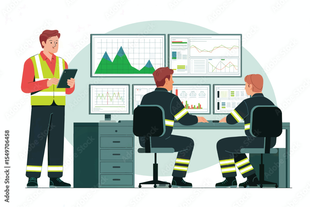 Poster firefighters monitoring data on screens isolated on transparent background