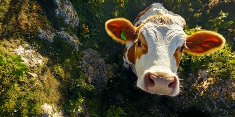 Brown cow with white face and ears staring into camera set against green grassy slope and trees.