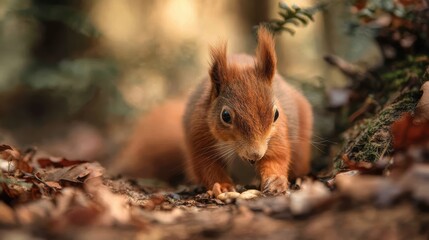 Fototapeta premium Red squirrel foraging on forest floor, softly blurred leaf litter backdrop under diffuse woodland light
