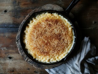 A classic American mac and cheese with a golden, crispy breadcrumb topping, served in a cast iron skillet
