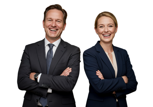 Two people in business attire smiling and crossing their arms, isolated 