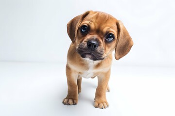 Obraz premium Playful, curious puggle puppy in a bright, minimalist studio with soft shadows.
