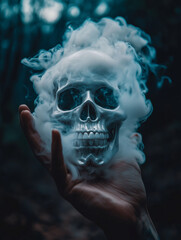 Hand holding a smoking skull in a dark forest