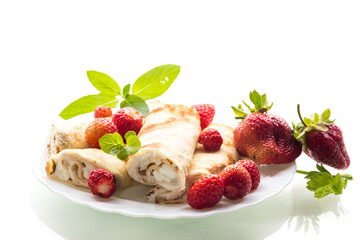 Homemade pancakes with cottage cheese filling and berries