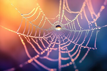A dew-covered spiderweb glistening in the soft, colorful light of dawn or dusk.