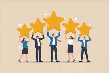 Five people holding up five golden stars isolated on transparent background
