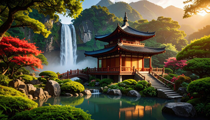 serene East Asian architecture near still water, surrounded by lush greenery and waterfall