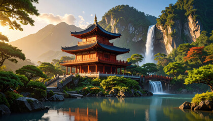 Obraz premium serene East Asian architecture near still water, surrounded by warm light and subtle mountains
