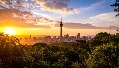 Fototapeta premium Dramatic dawn over Johannesburg skyline with high rise buildings and trees