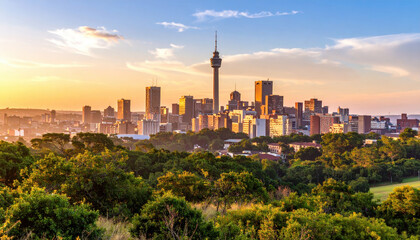 Dramatic skyline of Johannesburg at dawn with vibrant colors and greenery