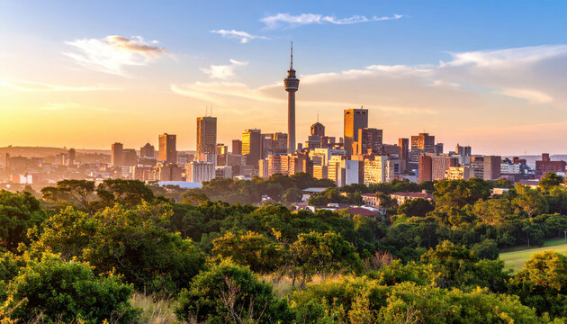 Dramatic skyline of Johannesburg at dawn with vibrant colors and greenery