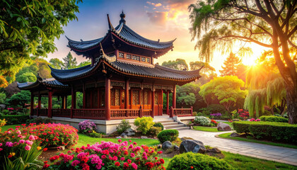 Obraz premium beautiful Chinese classical architecture surrounded by vibrant flowers