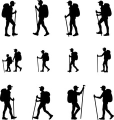 Hiking Hikers Standing on Mountain Peak  Silhouette  vector graphics