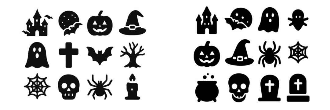 Halloween themed black silhouettes featuring spooky icons like ghosts, bats, and pumpkins on a light backdrop