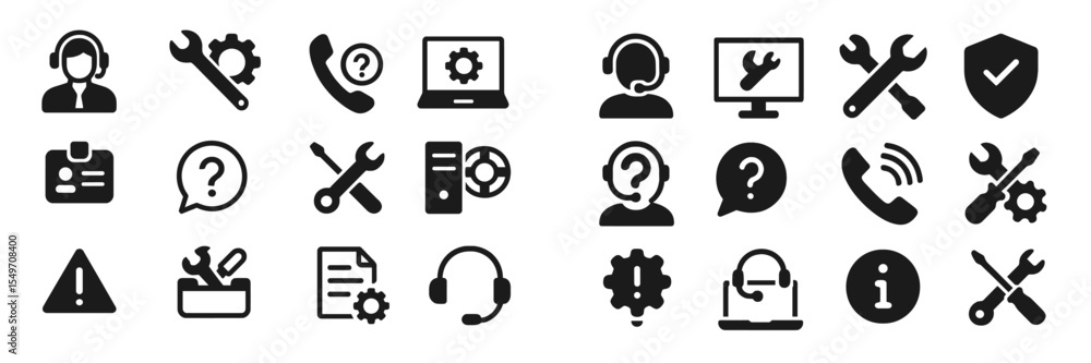 Poster Collection of black and white icons representing technical support and troubleshooting activities in a digital environment