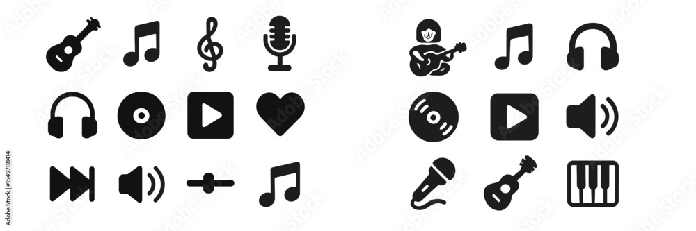 Poster Music symbols and icons featuring instruments, notes, and audio elements arranged in a creative layout