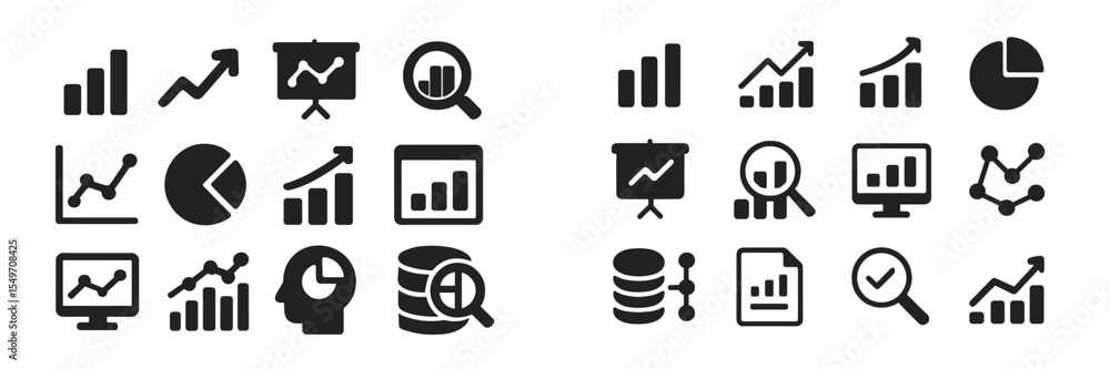 Aufkleber Various black and white icons representing data analysis, growth, and business metrics displayed in a grid layout
