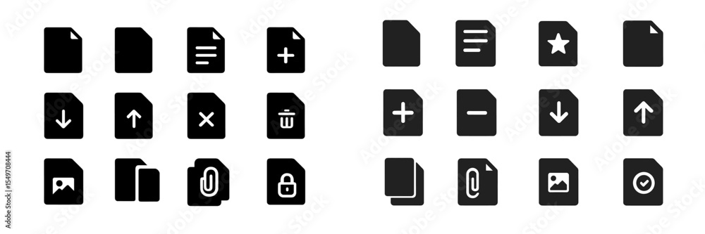Poster Collection of simple black icons representing various file actions and statuses in a minimalistic design style