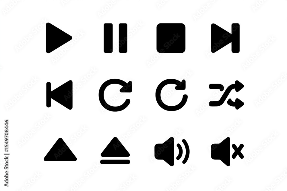 Poster Collection of black media control icons on a white background for audio and video playback functions