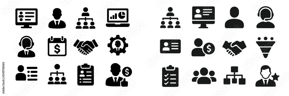 Poster Collection of business and communication icons featuring data, teamwork, and contact elements in minimalist design