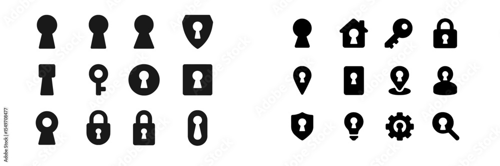 Poster Collection of black keyhole and lock icons used for security and privacy themes in digital design and presentations