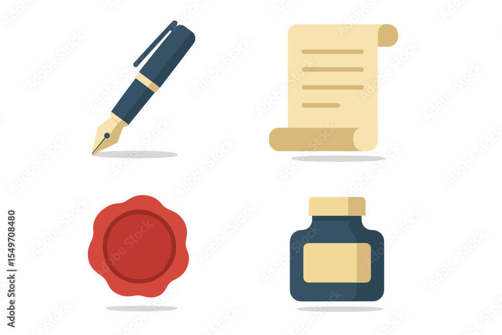 Poster Stylish writing tools and parchment in a creative workspace with ink bottle and wax seal on a light background