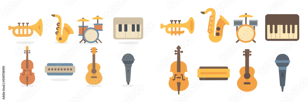 Poster colorful collection of musical instruments arranged in an artistic layout showcasing diversity of so