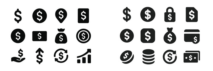 Finance and investment symbols representing currency, growth, and security in black-and-white design on a clean background