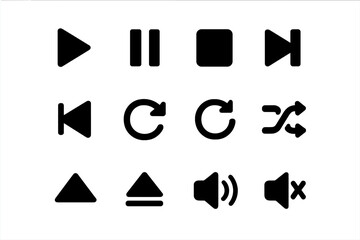 Collection of black media control icons on a white background for audio and video playback functions