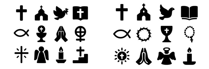 Obraz premium Religious symbols collection featuring crosses, doves, and other spiritual icons in a simple black and white design