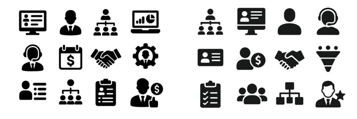 Collection of business and communication icons featuring data, teamwork, and contact elements in minimalist design