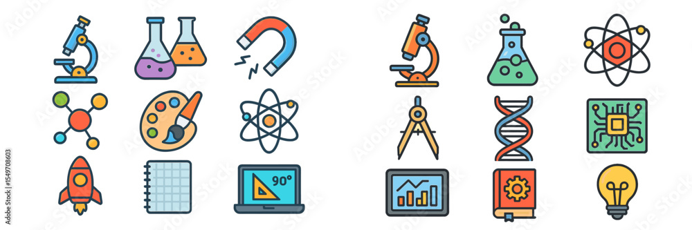 Poster Colorful icons representing various scientific fields and disciplines arranged in an engaging layout for educational purposes