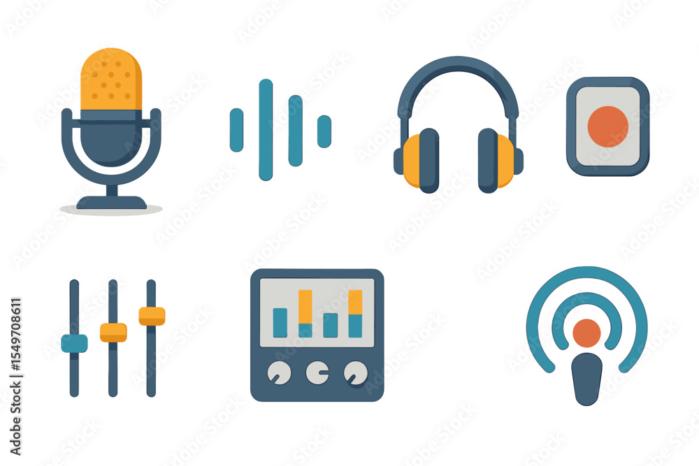 Poster various audio equipment and icons symbolizing sound and recording technology