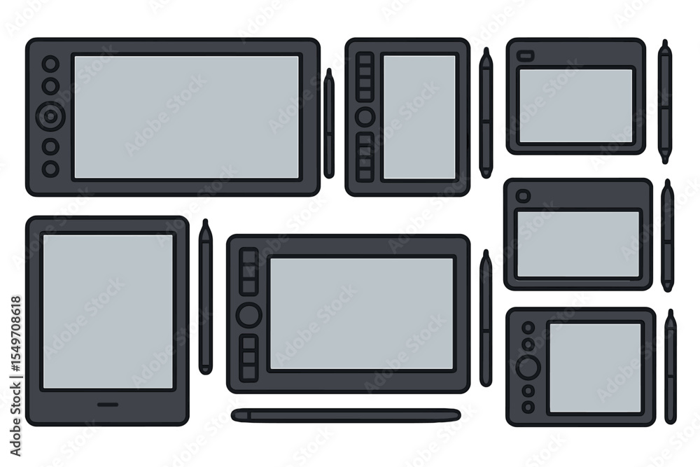 Aufkleber diverse collection of graphic tablets and electronic drawing devices arranged on a white background