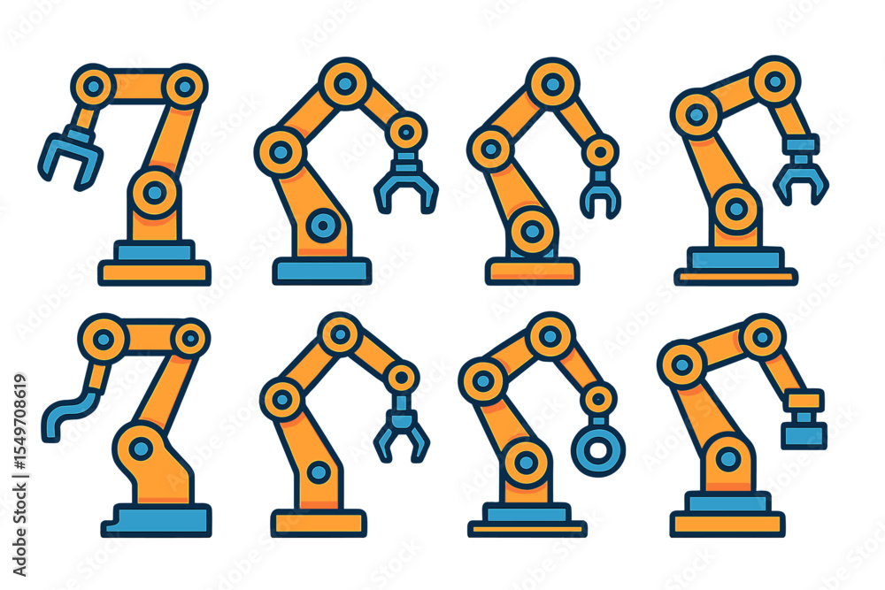 Poster collection of robotic arms designed for industrial applications showcasing various gripping mechanis