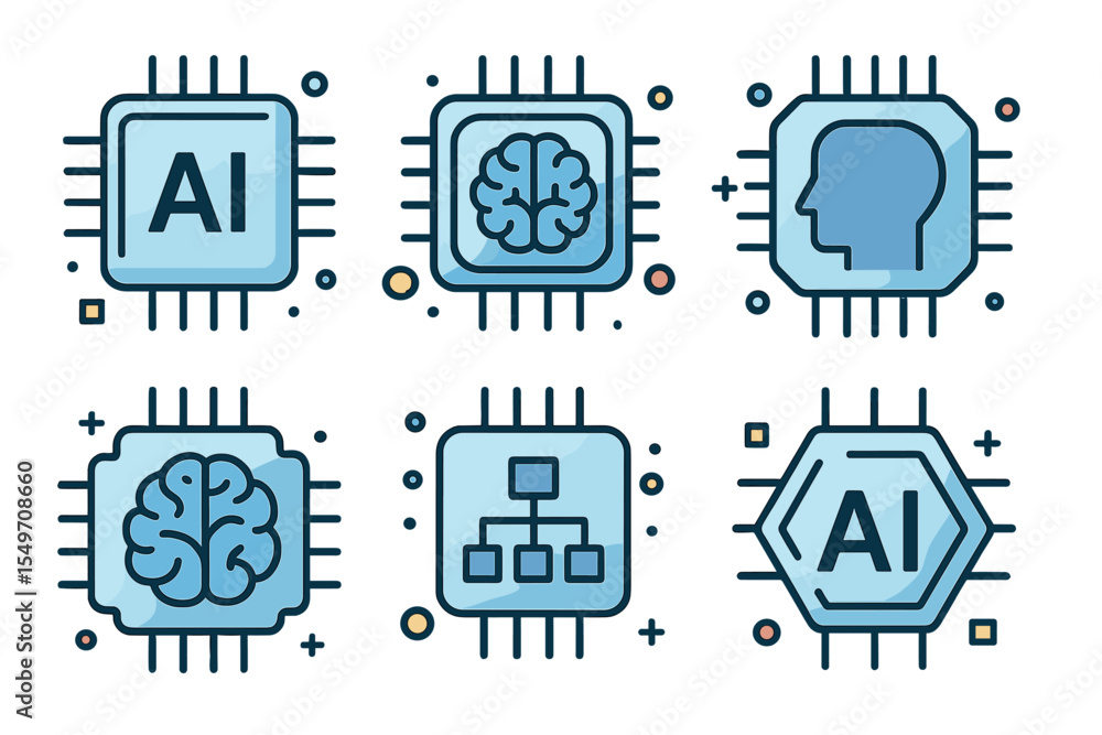 Poster Modern illustrations of artificial intelligence concepts with circuitry motifs showcasing brain graphics and head silhouettes