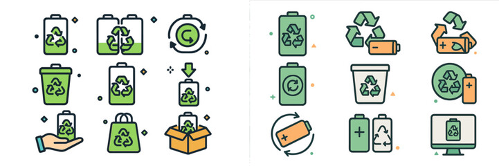 Recycling symbols and icons representing sustainable battery disposal and environmental awareness initiatives in a bright design
