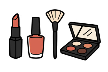 Essential makeup tools including lipstick, nail polish, brush, and eyeshadow palette displayed on a plain background