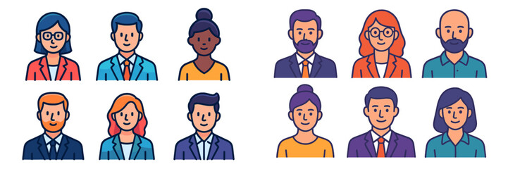 Diverse group of illustrated professionals in various business attires engaged in teamwork and collaboration in a modern setting