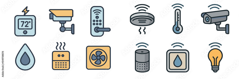 Poster various smart home devices showcasing modern technology for enhanced security and comfort in residen
