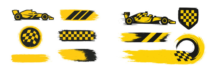 Racing symbols and designs showcasing checkered flags and cars in black and yellow colors