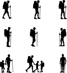 Hiking Hikers Standing on Mountain Peak  Silhouette  vector graphics