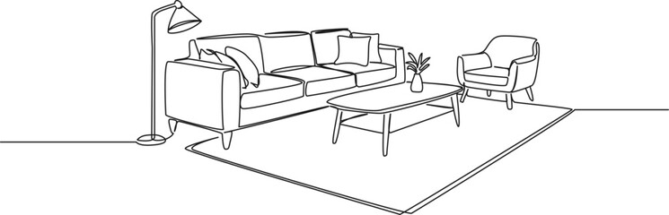 continuous single line drawing of living room furniture, line art vector illustration
