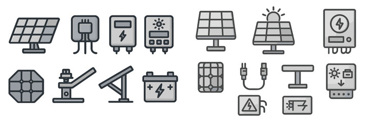 Obraz na płótnie Canvas Solar energy technology icons showcasing diverse applications and components in modern renewable energy systems