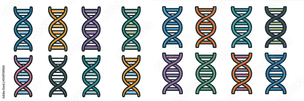 Poster Colorful illustrations of DNA strands showcasing different patterns and twists in a scientific design