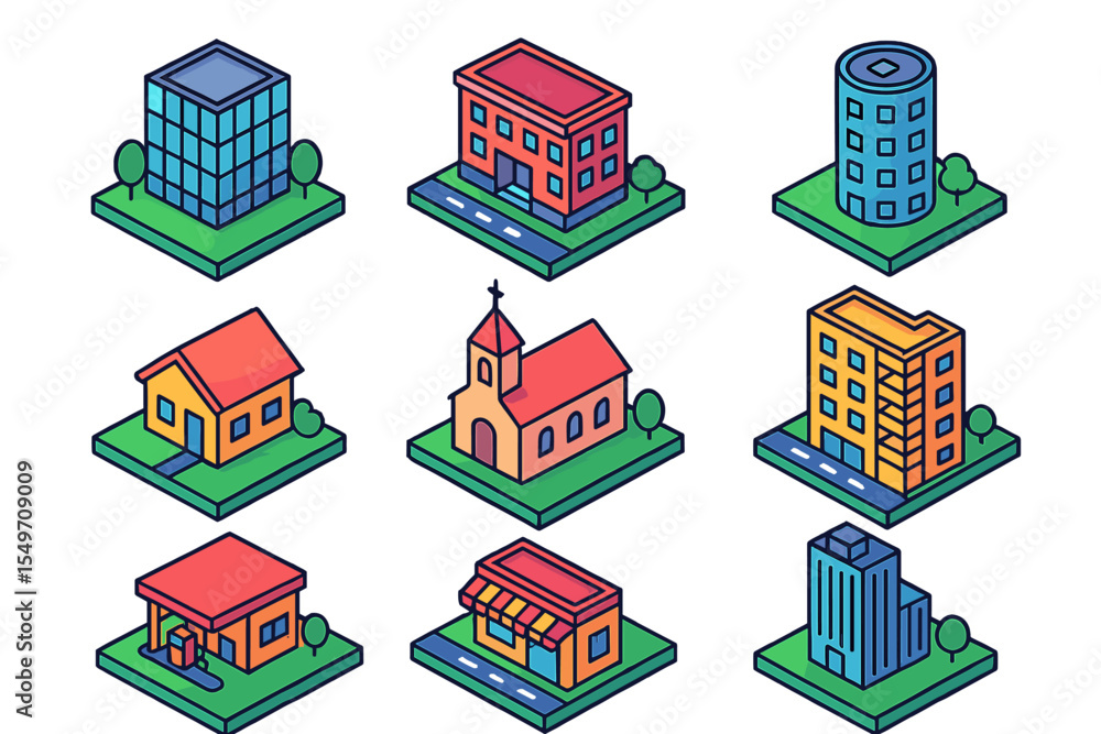 Fototapete unique collection of isometric building designs featuring different structures and styles