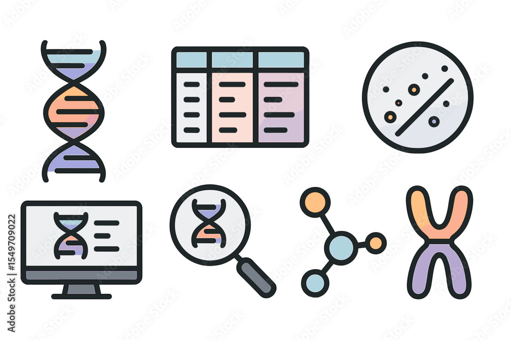 Poster visual representation of genetic research concepts with illustrations of dna, data, and molecular st