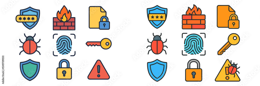 Poster Colorful icons representing cybersecurity concepts on a digital background showcasing various elements of protection